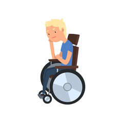 Young disabled man sitting in wheelchair vector Illustration on a white background