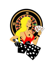 Casino logo with blond hair girl, dices, roulette wheel and cards, vector