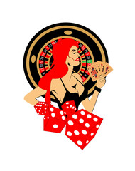 Casino logo with red hair girl, dices, roulette wheel and cards, vector