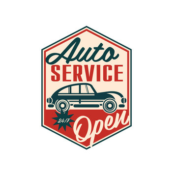 Auto service logo design, vintage automotive repair label vector Illustration on a white background