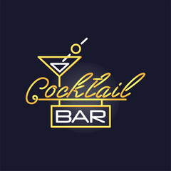 Cocktail bar retro neon sign, vintage bright glowing signboard, light banner