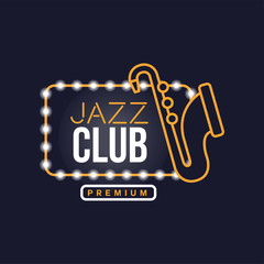 Jazz club neon sign, vintage bright glowing signboard, light banner vector Illustration