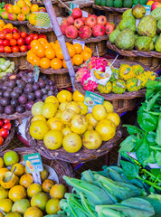 Fresh exotic fruits and vegetables in Mercado Dos Lavradores. Funchal, Madeira island, Portugal