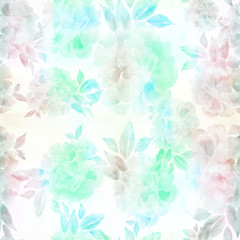 Peonies. Flowers and leaves  on a watercolor background.Collage of flowers, leaves and buds on a watercolor background. 