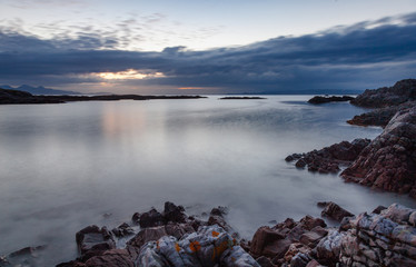 Scenic west coast shore of Scottish Highlands at dusk