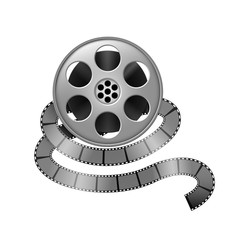 Film reel and twisted cinema tape isolated on white background. vector illustration.