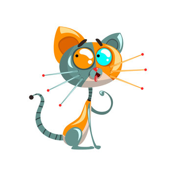 Cute funny robotic cat sitting on the floor, artificial intelligence concept vector Illustrations on a white background