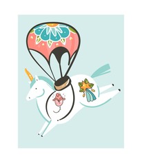 Hand drawn vector abstract graphic creative cartoon illustrations artwork with simple flight unicorn character with parachute and old school tattoo isolated on white background