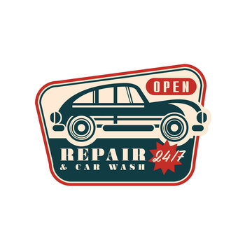 Repair and car wash logo, open 24 7, auto service badge, retro vintage label