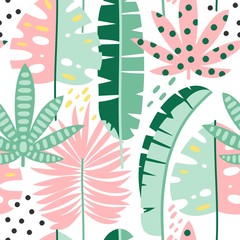 Exotic leaves seamless pattern. Hand drawn tropical summer background.