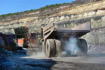 Large quarry dump truck. Loading the rock in the dumper. Loading coal into body work truck.
