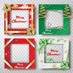 Merry Christmas and Happy new year border frame photo design set on transparency background.Creative origami paper cut and craft style.Holiday decoration gift card.Winter Postcard vector illustration 