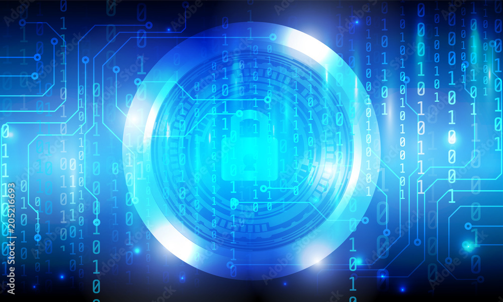 Poster Hi Technology Padlock Circle Panel Cyber Security Vector Background. Abstract Blue Circuit Board With Binary Digital Number Protection Code.