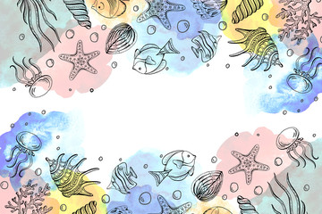 Obraz na płótnie Canvas Composition of seashells, starfish, jellyfish. Underwater world Sea background, Background with copy space.