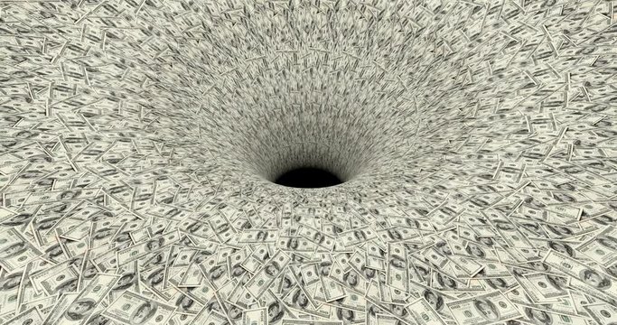 Black hole absorbing endless dollar flow, loopable. Abstract financial crisis concept. Part 1. 3d render, illustration, 4K