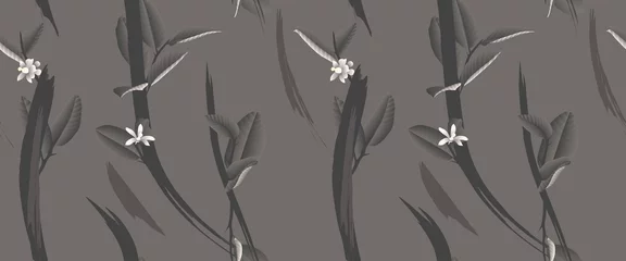 Fototapeten Seamless pattern, hand drawn white flowers with leaves on dark gray background © momosama