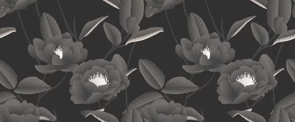 Gardinen Seamless pattern, hand drawn pastel black Peony flowers with leaves on black background © momosama