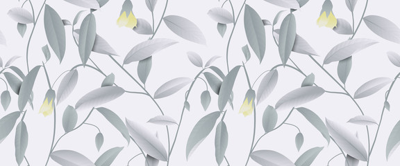 Seamless pattern, hand drawn pastel green leaves and yellow flowers on light green background