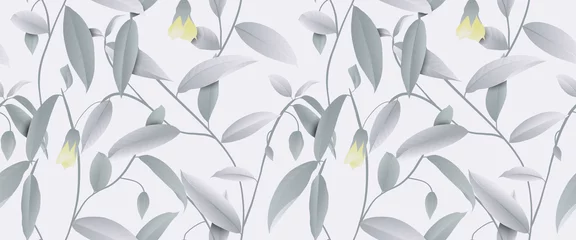 Poster Seamless pattern, hand drawn pastel green leaves and yellow flowers on light green background © momosama