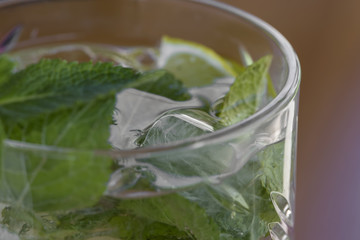 Cocktail with vodka, mint and lemon in glass