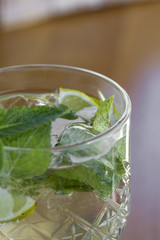 Cocktail with vodka, mint and lemon in glass on the bar