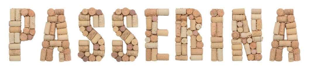 Grape variety Passerina made of wine corks Isolated on white background