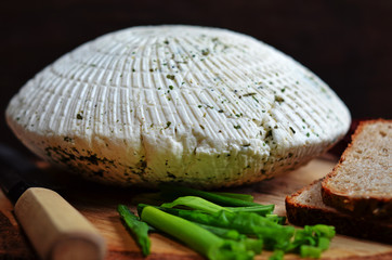 Homemade round white cheese on dark background
