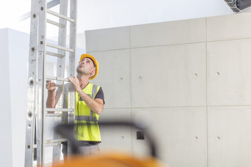 Construction worker holding ladder