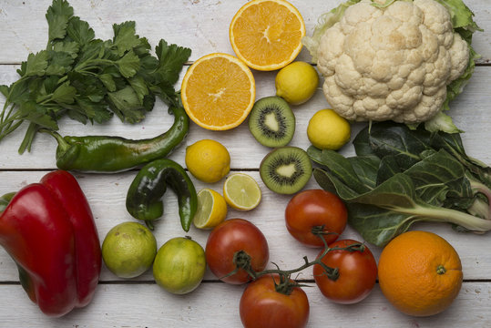 Various fruits and vegetables with vitamin c