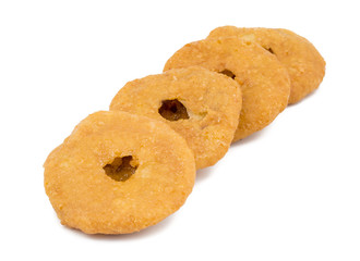 Indian Traditional Sweet Kachori Also Know As Mawa Kachori, Kachauri or Kachodi, Stuffed Kachori With Condensed Milk, Cheese and Dry Fruits And Served With Sugar Syrup isolated on White Background