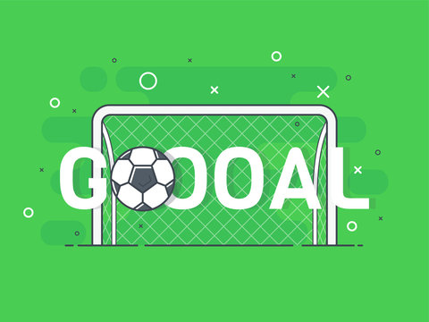 Goal sign and football / soccer ball. Trendy flat vector on green background. Vector Illustration. 