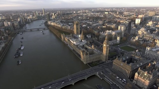 4K London Aerial Cityscape with Famous Tourism Sights Landmarks including the Thames River, Big Ben Clock Tower Parliament, Palace, Bridge and Westminster Square Garden in England, United Kingdom UK