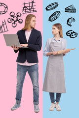 False expectations. Full length of displeased young woman with rolling pin looking at her young ambitious man with laptop while standing against colored background