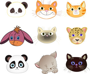 Little funny zoo faces set for baby prints. Funny cute animals face  - cats and pandas isolated on white background