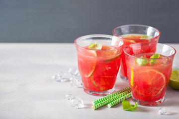 watermelon lemonade with lime and mint, summer refreshing drink