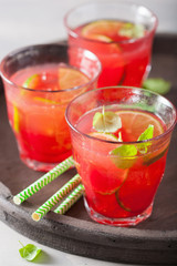watermelon lemonade with lime and mint, summer refreshing drink
