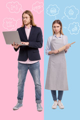 Fototapeta premium After marriage. Full length of young smart man using a laptop and preparing for meaningful conference while his jealous young light haired wife holding a rolling pin in hands