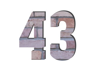 43 Number. Decorative red brick wall texture. English style. White isolated