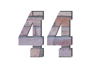 44 Number. Decorative red brick wall texture. English style. White isolated