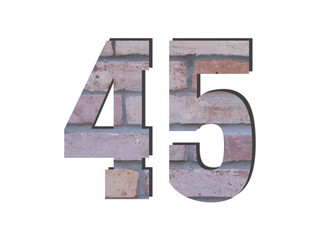 45 Number. Decorative red brick wall texture. English style. White isolated