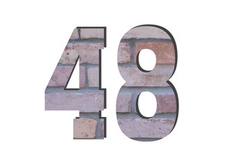 48 Number. Decorative red brick wall texture. English style. White isolated