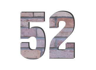 52 Number. Decorative red brick wall texture. English style. White isolated