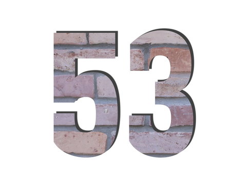 53 Number. Decorative red brick wall texture. English style. White isolated