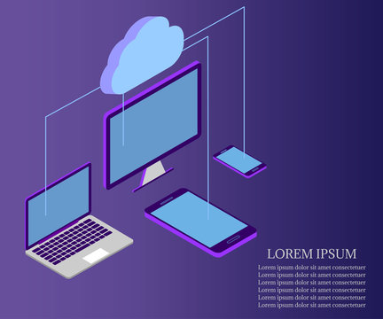 laptop, pc, tablet, phone,3D Isometric, cloud 3 violet