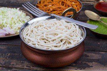 Boiled Chow Mein or Hakka Noodles Served With Chutney on Wooden Background