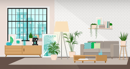 Modern interior design of a living room or office space in an industrial style. - obrazy, fototapety, plakaty