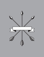 Banner with crossed arrows vector design. Badge or emblem with three crossed arrows behind an empty banner. Just add your own text to complete the design.