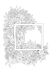 Hand drawn backdrop. Coloring book, page for adult and older children. Black and white abstract floral pattern. Vector illustration. Design for meditation.
