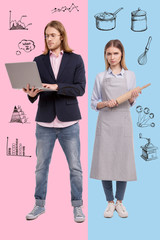 Unfair situation. Sad young woman feeling unsatisfied with her role of a housewife while her...