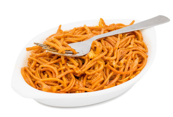 Spicy Fried Vegetable Veg Chow Mein Also Know as Noodles or Hakka Noodles is a Popular Oriental Dish With Noodles And Vegetables isolated on White Background